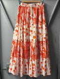 Orange & White Tropical Print Tiered Maxi Skirt with Drawstring Waist