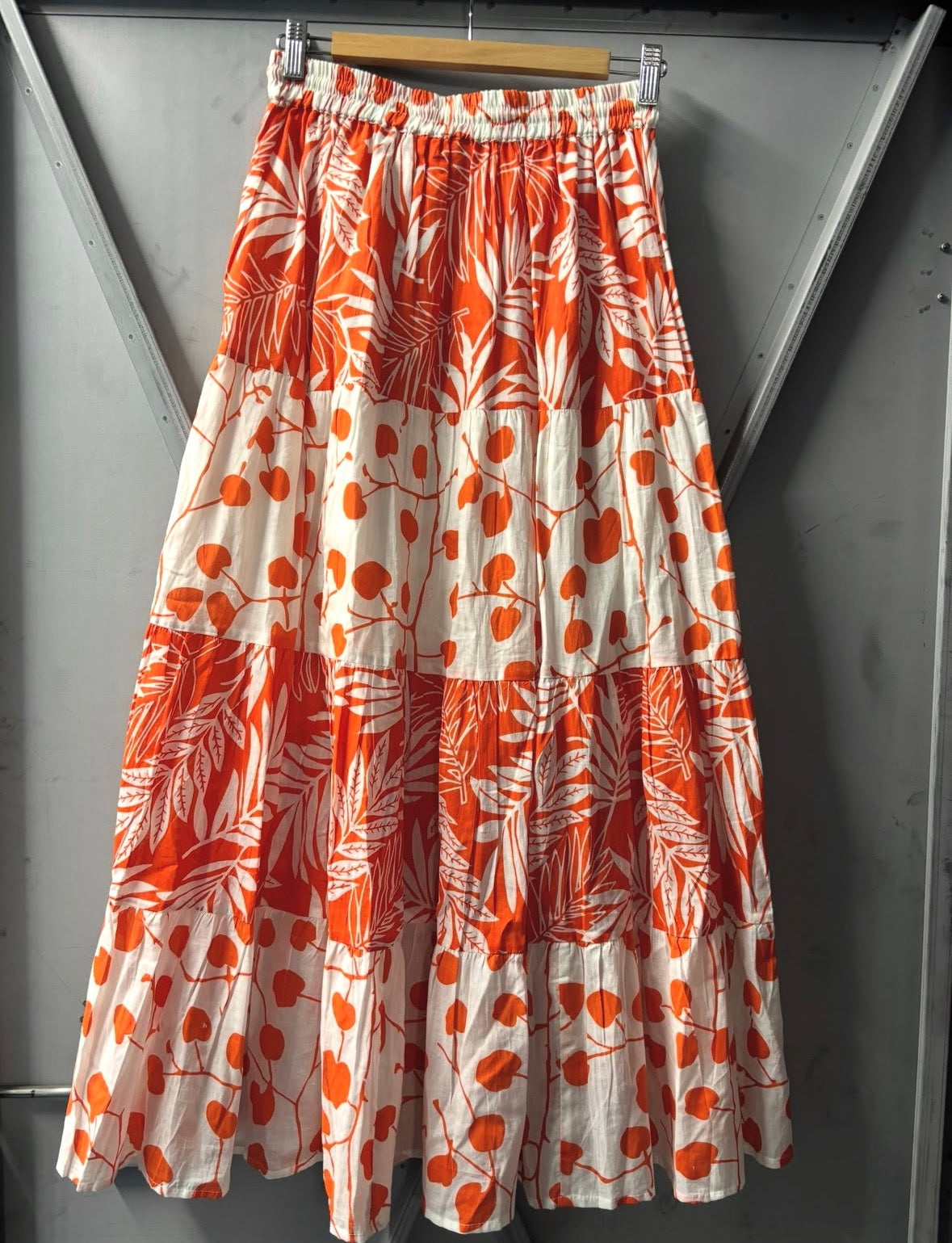 Orange & White Tropical Print Tiered Maxi Skirt with Drawstring Waist